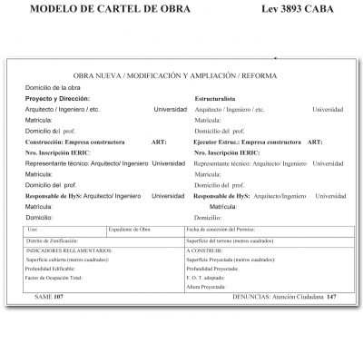 Cartel de Obra obligatorio CABA – Ley 3893 - 100x70 cm