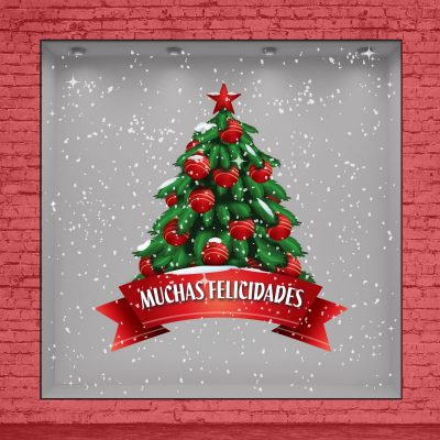 Arbol de navidad nevado con frase "Muchas Felicidades"