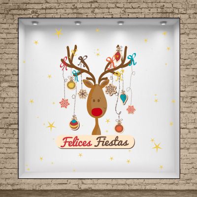 Reno con guirnaldas colgando de sus cuernos y frase "Felices Fiestas"