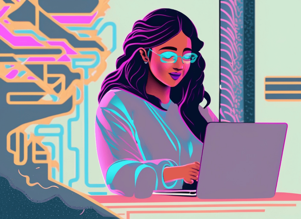 Imagen de una persona diseñando creativamente en la aplicación Canva para crear una tarjeta personal. En la pantalla de la computadora se muestra el proceso de diseño con colores vibrantes y elementos gráficos.