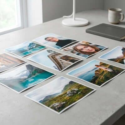 Fotos impresas 13x18 cm sobre mesa en ambiente moderno con luz natural
