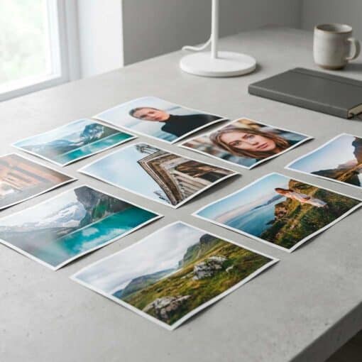 Fotos impresas 13x18 cm sobre mesa en ambiente moderno con luz natural