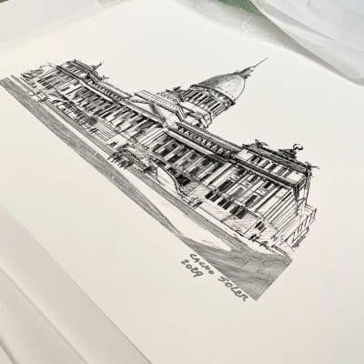 Detalle de impresión de obra arquitectónica de Cacho Soler en papel William Turner con textura de grano grueso.