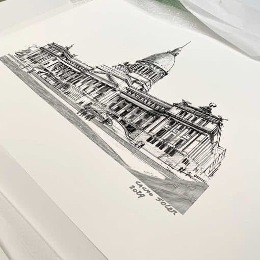Detalle de impresión de obra arquitectónica de Cacho Soler en papel William Turner con textura de grano grueso.
