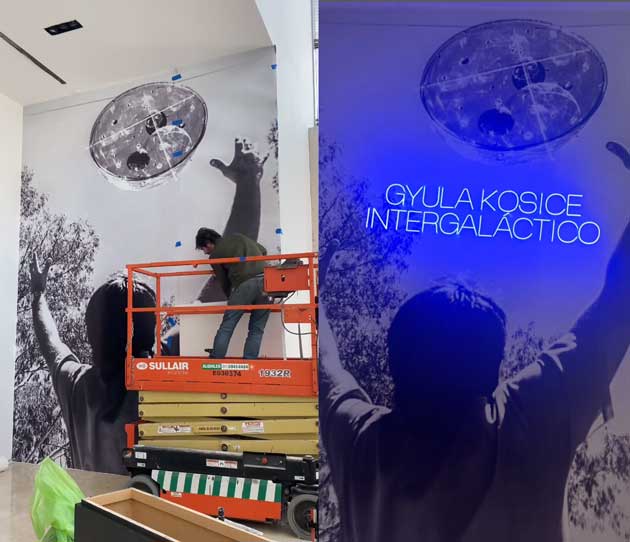 Montaje de fotografías para la exposición de Gyula Kosice en el Malba