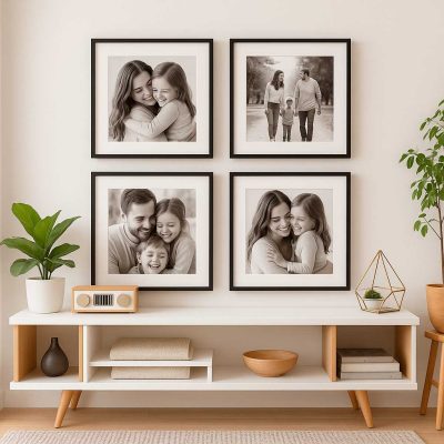 Set de cuadros personalizados con fotos en blanco y negro en pared de interior moderno