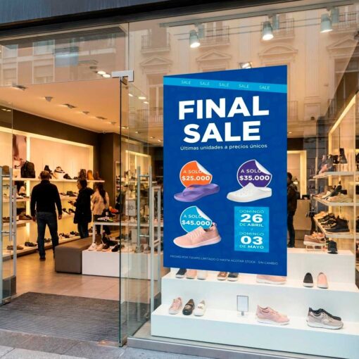 Vinilo autoadhesivo impreso aplicado en local comercial, Buenos Aires