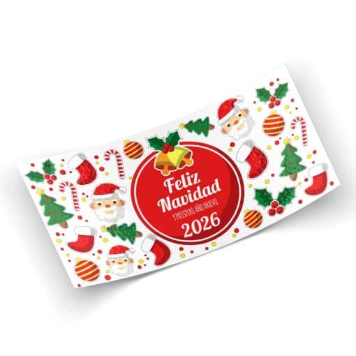 Vinilo navideño troquelado con frase Feliz Navidad y Próspero Año Nuevo.
